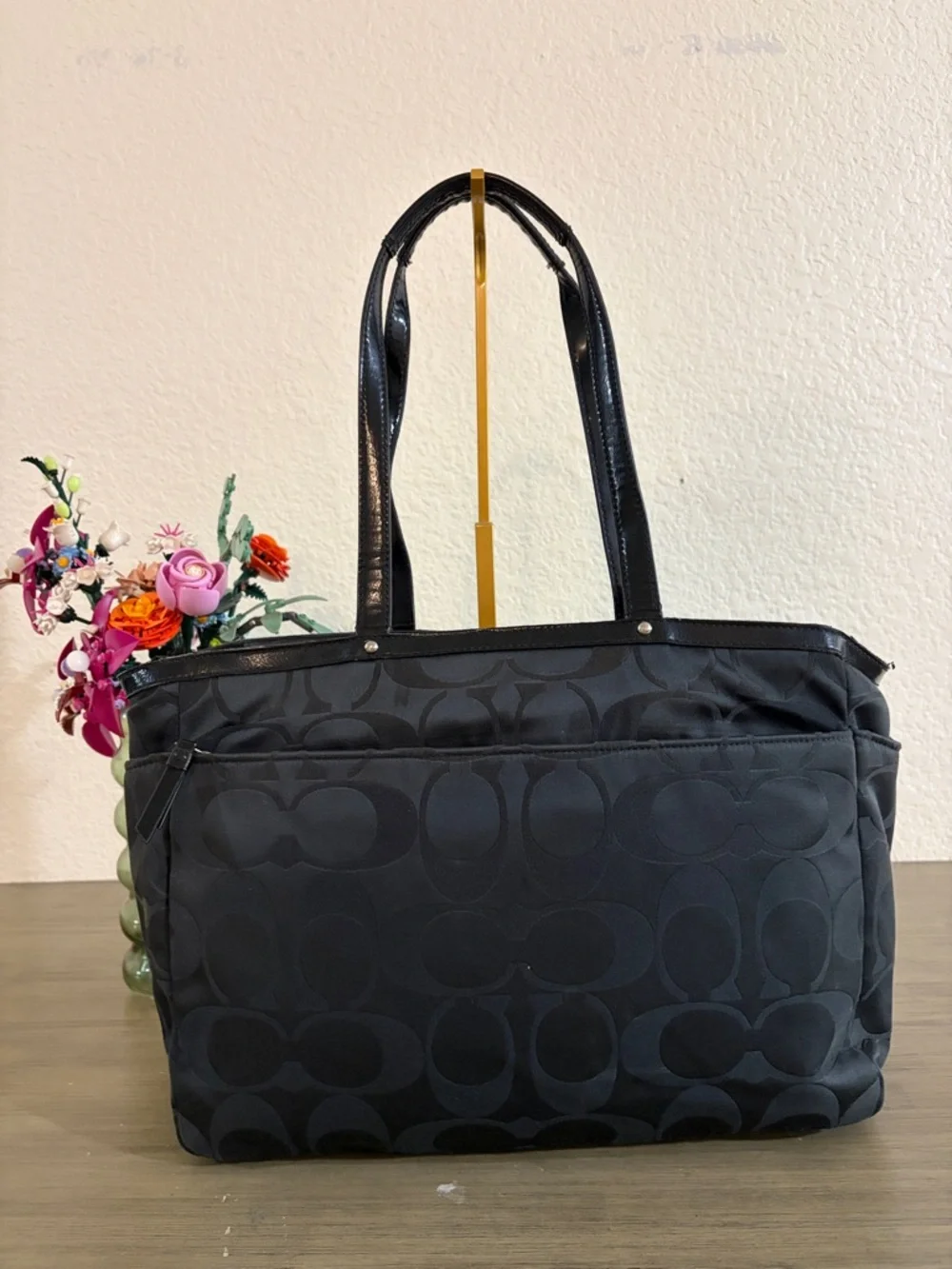 COACH POPPY APPLIQUE DIAPER BABY BAG MULTIFUNCTION TOTE BLACK F17590 RARE